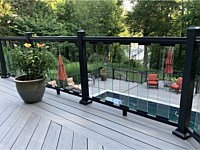 <b>TimberTech Legacy Ashwood Composite Decking-Ultralox Aluminum Railing with glass picket infills - 2 level deck with pool</b>